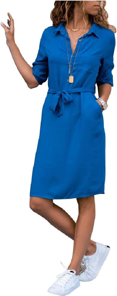 Women's Casual Dresses Belt Pocket Midi Knee Sleeves Loose Winter Shirt Dress