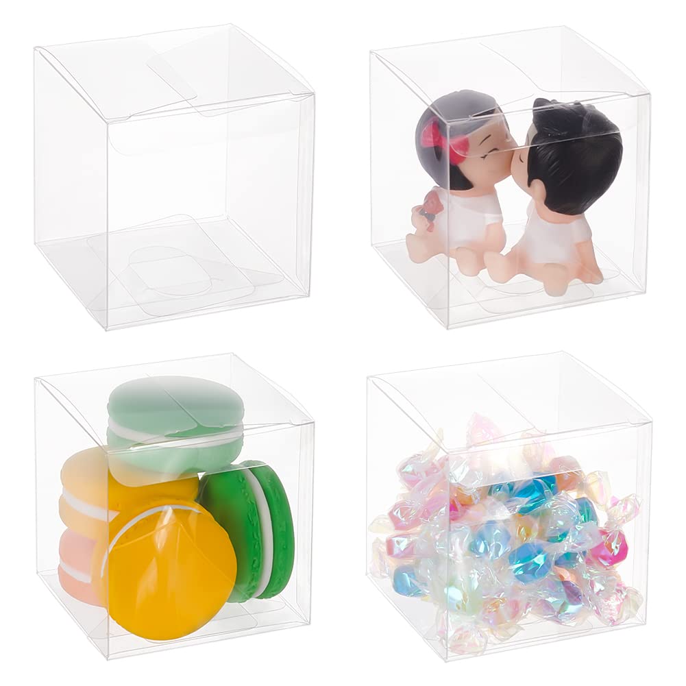 BENECREAT 50PCS 7x7x7cm Clear Cube Wedding Favour Boxes PVC Transparent Cube Gift Boxes for Birthday Candy Chocolate Cake Balloon
