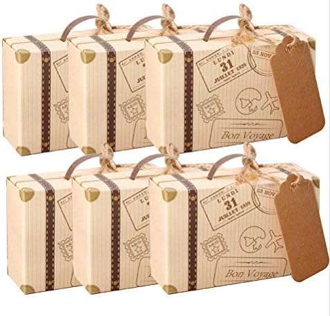 AmaJOY 50pcs Mini Suitcase Wedding Favor Box with Kraft Card and Burlap Twine Candy Box for Birthday Party Baby Shower Wedding Decor