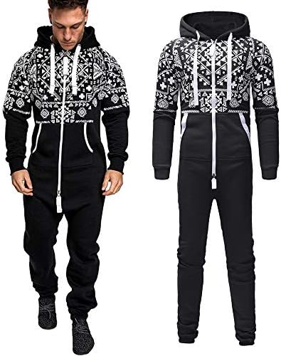 Zainafacai Fashion Men's Casual Xmas Print Hoodie Jumpsuit Onesies Nightwear- Assorted Colors