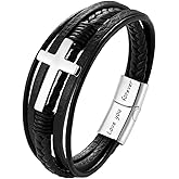 Jennoria Personalized Mens Cross Leather Bracelet with Clasp Engraved Love You Forever Inspirational Braided Leather Bracelet for Men Husband Dad Brother Son Grandson