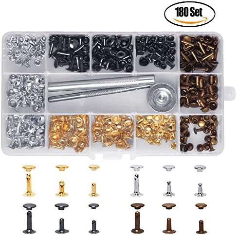 180 Set 3 Size Leather Rivets Single Cap Rivet with 3 Pcs Fixing Tools Kit for Leathercraft Rivets Replacement, Decoration 4 Color