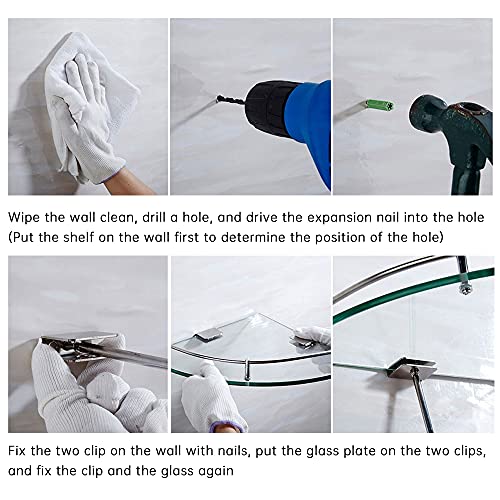 Corner Shower Shelves, 2 Pack Glass Shelf Basket Shampoo Holder Organizer Glass 304 Stainless Steel Wall Mount Cosmetic Storage Rack Bathroom