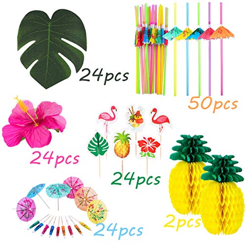 148 Pieces Hawaiian Jungle Party Decoration Set Luau Party Supplies Decor Tropical Palm Leaves, Silk Hibiscus Flowers, Tissue Paper Pineapples, Cupcake Toppers, Paper Cocktail Umbrella,Umbrella Straws by YLIANG