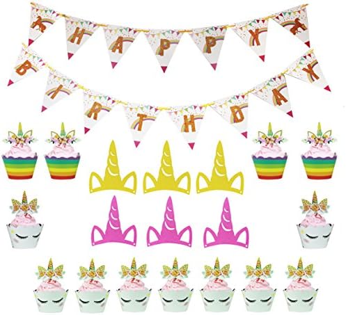 Unicorn Party Supplies, Aucheer Unicorn Party Decor Favors with Unicorn Banner Double Sided Unicorn Cupcake Topper and Wrappers and Unicorn Party Hat Glitter for Bithday Party Decorations