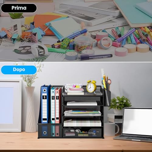 Apritsce Desk Organizer, Desk File Holder, 5 Trays Office Document Holder with Drawer and Pen Holder, Multifunctional Stationery Organizer for Office Stationery Home