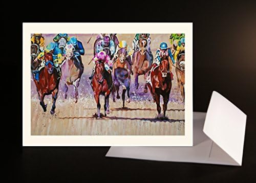 2015 KENTUCKY DERBY NOTE CARDS - Set of 5 Cards and Envelopes of the Home Stretch Win for American Pharoah Triple Crown Winner in Blue and Yellow Silks