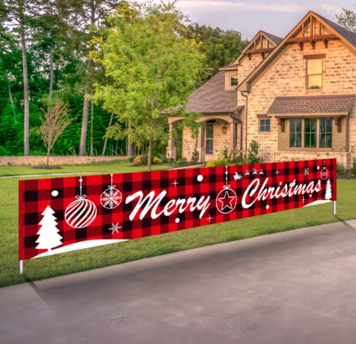 Reofrey Large Christmas Lattice Banner Merry Christmas Non-woven Banner Decoration for Xmas Holiday Party Wall Outdoor Indoor Porch Hanging Winter Decorations (9.8 X 1.6 Ft)