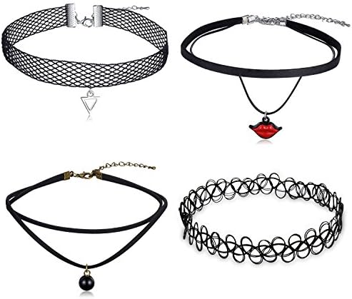 Uniki 4 Pcs Choker Necklaces Set for Women Girls Tattoo Red Lip Choker Collar with pendant Lace Adjustable