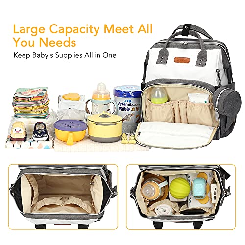 Diaper Bag Backpack,3 in 1 Baby Multifunction Travel Backpack with Portable Changing Station,Pacifier Case and Built-in USB,Large Unisex Baby Bags,Large Capacity,Waterproof,White+Grey