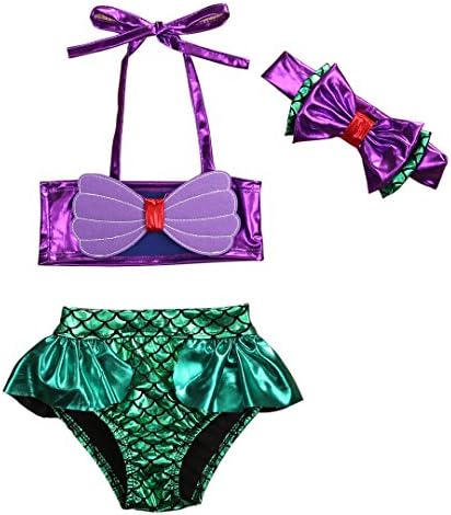 3Pcs Kids Baby Bowknot Mermaid Bikini Set Top+Briefs+Headband Bathing Suit (70, Purple+Green)