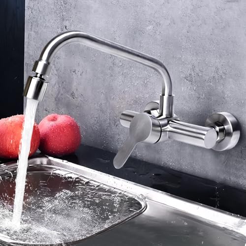 FALSKT Wall Mounted Kitchen Tap 360° Swivel Stainless Steel Kitchen Tap Wall Mixer Cold and Hot Water Outlet Can Rotate for Kitchen, Bathroom, Garden (Silver)
