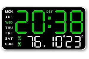Large Digital Wall Clock Week Date Temperature Display Voice Control Table LED Alarm Clocks(Green)