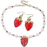 KZL Cute Strawberry Jewelry Set Funny 3D Imitation Fruits Strawberry Necklace Earrings for Women Imitation Pearl Beaded Choker Necklace Y2k Jewelry Gift