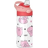 Kigai Cute Pig Kids Water Bottle, Vacuum Insulated Stainless Steel Water Bottle, Double Walled Leakproof Tumbler Travel Cup for Girls Boys Toddlers, 12 oz