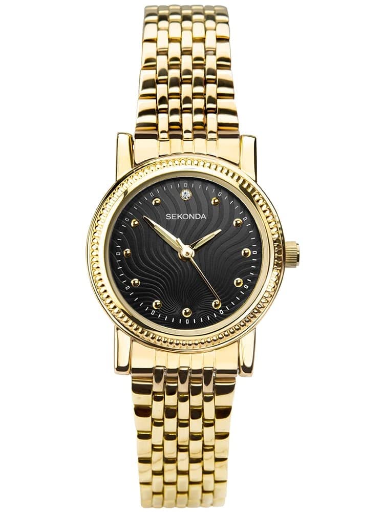 Sekonda Womens Analogue Quartz Watch Gold Plated Case and Gold Plated Stainless Steel Bracelet with Black Dial 2699