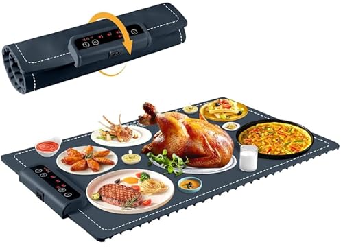 Food Warming Mat, Foldable Electric Warming Tray with 3 Level Adjustable Temperature Control and Timer, Portable Silicone Food Warmer for Buffet, Family Gatherings, Party