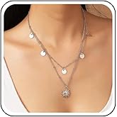 Sttiafay Boho Layered Disc Coin Necklace Gold Sunburst Pendant Necklace Disc Coin Choker Necklace Vintage Sun Chain Necklace Round Coin Necklace Chain