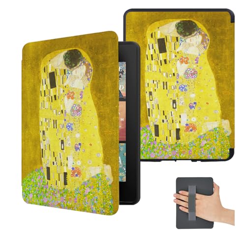Cover for All New 7 Inch Kindle Paperwhite 12th Gen 2024/ Colorsoft Signature Edition(NOT for 6.8 Inch 2022) Cute Case with Hand Strap, Yellow Lovely Portrait Flower Painting, Gustav Klimt The Kiss