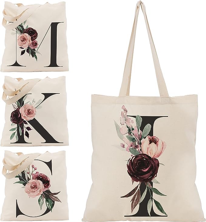 Floral Initial Canvas Bag Gifts for Women - 15"x16" Shoulder Tote Bags for Bridesmaids Hen Party Teacher Gift Shopping Bag C1 (Initial #I)