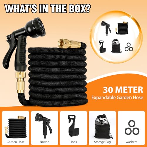 Dcceeo Expandable Garden Hose, 30 m Flexible Garden Hose with Brass Connection, 3/4 Inch and 1/2 Inch, 8 Models of Retractable Expandable Garden Hose for Garden, Watering, Cleaning