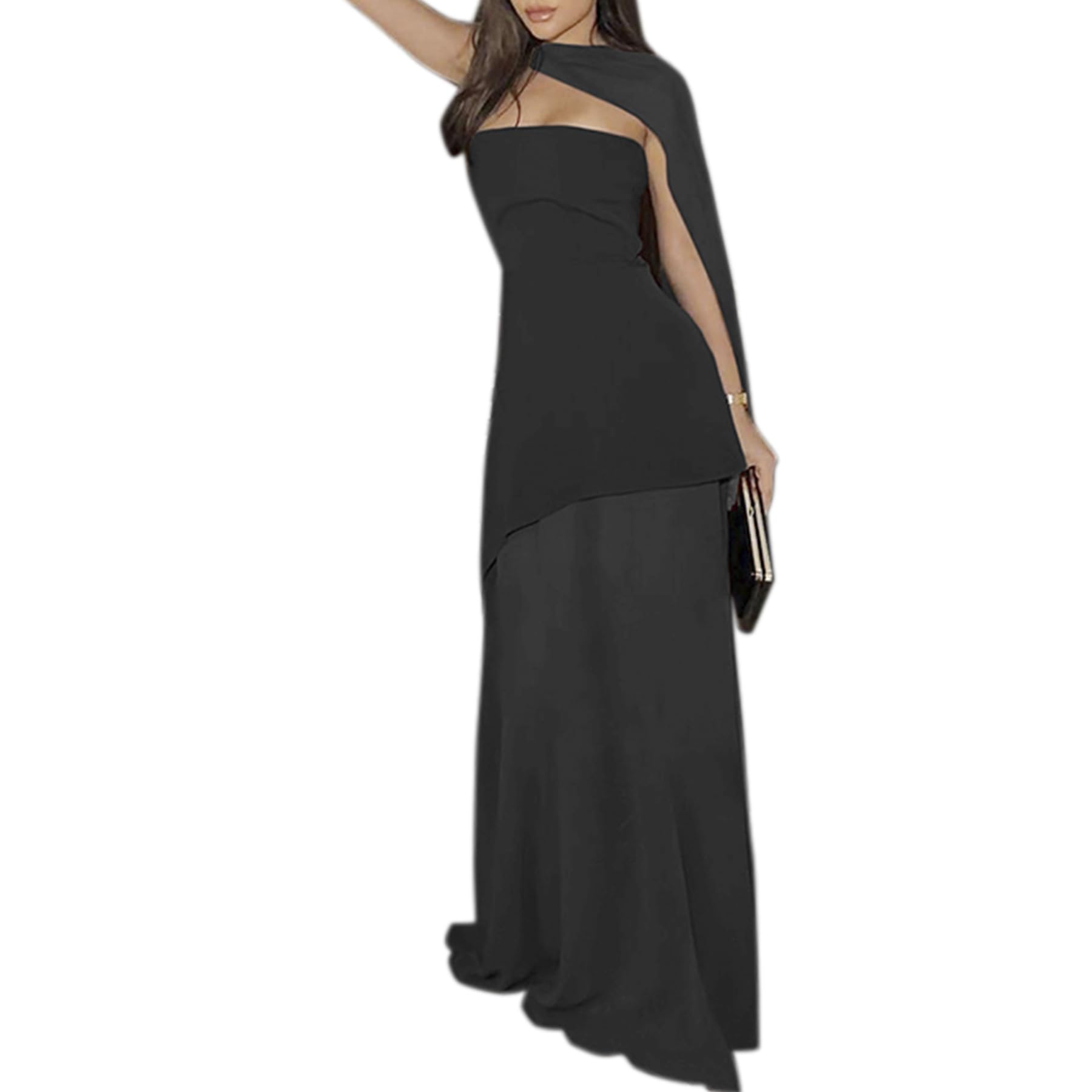 Photo 1 of Women Sexy Tube Neck Mesh Patchwork Maxi Dress with Scarf High Slit Backless Party Long Dress Black