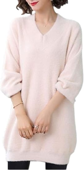 Amazon サニーウイング ニット ワンピース 長袖 Vネック 上品 ふわふわ ゆったり 体型 カバー レディース 冬 春 パステル カラー ホワイト ワンピース チュニック 通販