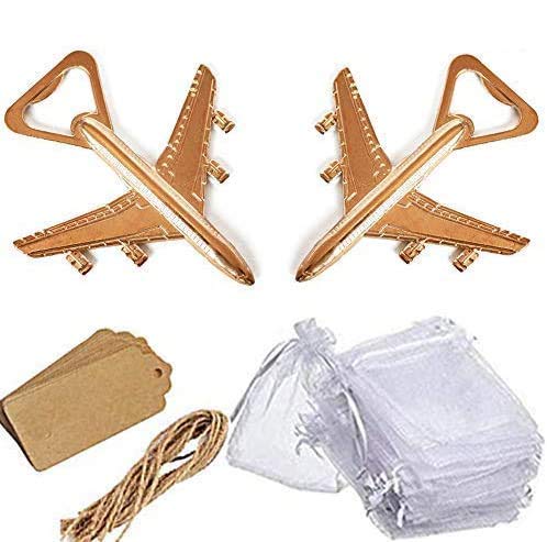 Amajoy Pack of 25 Airplane Bottle Opener with White Sheer Favor Bag Kraft Escort Card Wedding Favor Baby Shower Return Gifts Travel Theme Party Favor Let the Adventure Begin