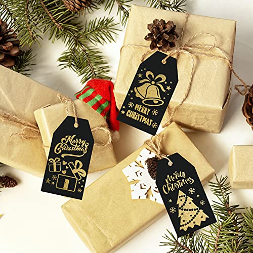 SallyFashion Christmas Gold Foil Gift Tags, 120PCS Christmas Gold Foil Hot Stamping Gift Tags with Twine Strings Hang Labels for Christmas Birthdays Holidays Weddings