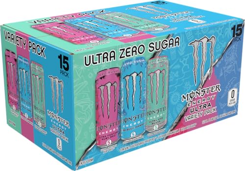 MONSTER ENERGY ULTRA VARIETY PACK, BLUE HAWAIIAN, ULTRA VICE GUAVA, ULTRA FANTASY RUBY RED, SUGAR FREE ENERGY DRINK, 16 OUNCE (PACK OF 15)