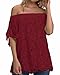 StyleDome Women Strapless Lace Off Shoulder Elegant Tie Short Sleeve Crochet Blouse Sexy Tee Tops Claret US 12