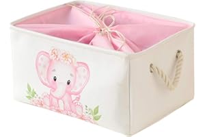 INough Large Nursery Elephant Baby Basket for Shower Gift - Pink Girl Gift Bag, Collapsible and Empty - Decor for Kidsroom, Nursery, Play Room (Large)