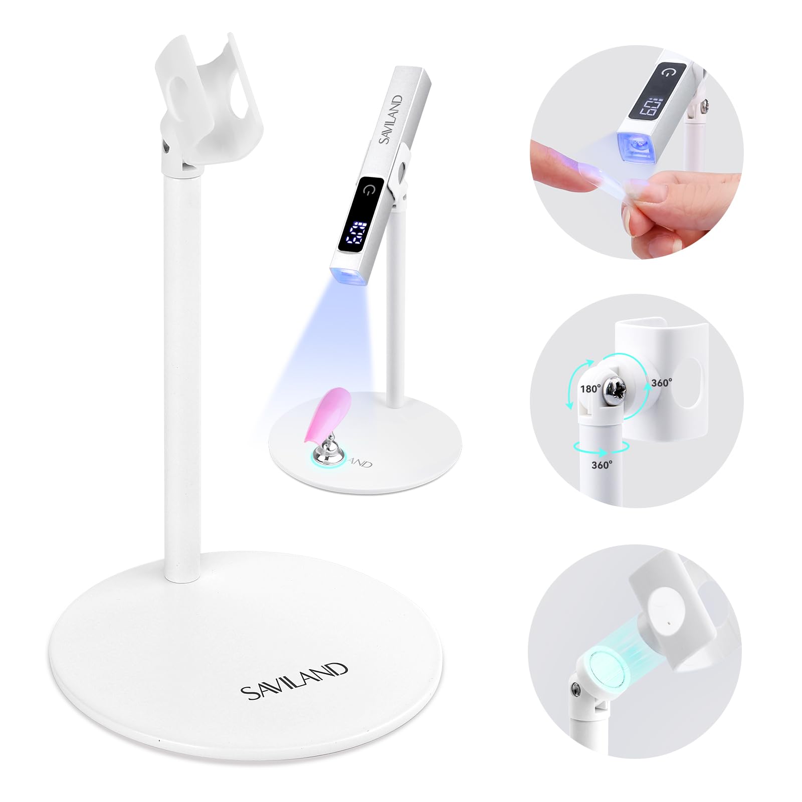 Saviland U V Nail Lamp Stand: Sturdy U V Light Stand for Gel Nails Polish 360° Adjustable Magnetic Rotation U V Nail Light Portable Handsfree Builder Nail Gel Lamp Home Salon Manicure
