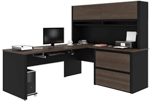 Bestar Connexion 72W L-Shaped Desk with Hutch and Lateral File Cabinet in Antigua & Black
