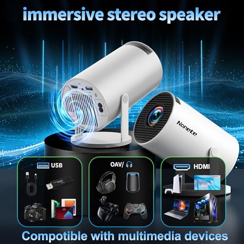 Mini Projector 4K 1080P Full HD Video Portable Projector Support with WiFi 6 & Bluetooth 5.2, Auto Keystone Adjustment Built-in Apps Smart with 270° Rotation for USB/TV Stick/HDMI-White