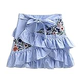 ELINKMALL Women Vintage Blue Bow Floral Embroidery Ruffle Mini Skirt