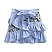 ELINKMALL Women Vintage Blue Bow Floral Embroidery Ruffle Mini Skirt