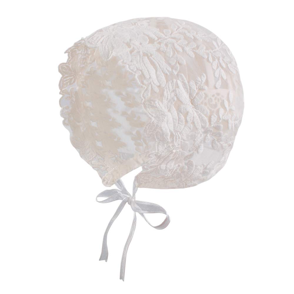 Lace Baby Girl Bonnet Cotton Christening Bonnet for Newborn Infant Girls White Princess Sun Protection Hat 0-3 Months (White Leaf, 0-3 Months)