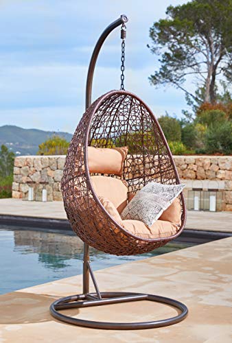 Kideo Hängesessel mit Gestell und Sitzkissen, Lounge-Möbel, Polyrattan, Swing Chair, Lounge (braun/beige)