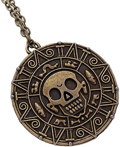 GrenfFashion Gold Silver Plated Pirates of Caribbean Movies Cursed Necklace Octopus Pirate Necklace Aztec Coin Medallion Necklace Skull Head Pendant (Aztec Skull Coin - Antique Bronze)