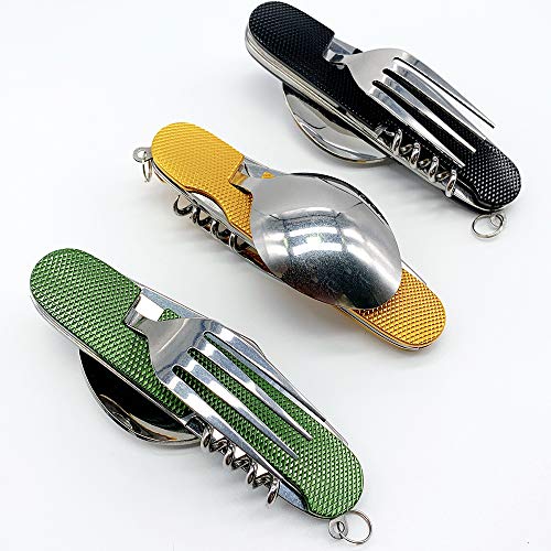 6-in-1 Multi-Function Camping Flatware Utensil Folding Knife Cutlery Detachable Pocket Kits with Storage Bags (3 Packs: Black + Gold + Green) - Thumbnail 7
