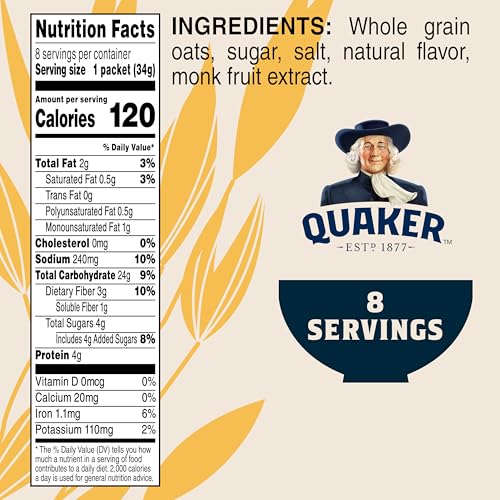 QUAKER LOWER SUGAR INSTANT OATMEAL, MAPLE BROWN SUGAR, 1.19OZ PACKETS, 8 COUNT (PACK OF 1)