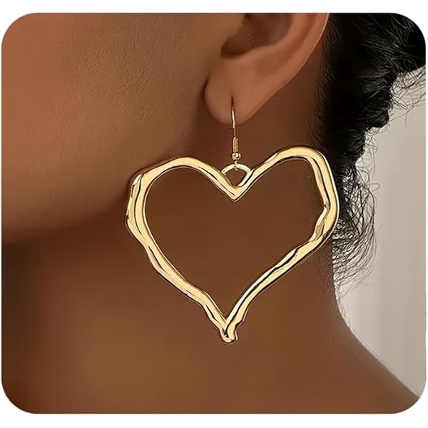 Large Heart Stud Earrings For Women - 14K Gold Hollow Love Earrings Geometric Jewelry