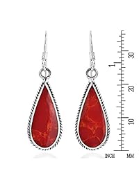 Classic lágrima Shaped Reconstruido Rojo Inlaid de coral plata de ley 925. Dangle Earrings