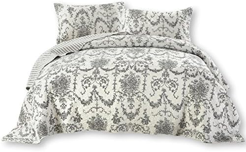 DaDa Bedding Damask Victorian Candelabra Filigree - Elegant Jacquard Coverlet Bedspread Set - Bright Vibrant Floral Black & White - King - 3-Pieces
