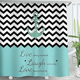 LIVILAN Teal Shower Curtain, Nautical Shower Curtain, Shower Curtain Teal, Striped Shower Curtain, Anchor Shower Curtain…