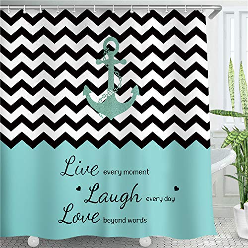 LIVILAN-Anchor-Shower-Curtain-Chevron-Zigzag-Live-Laugh-Love-Shower-Curtain-Sailing-Nautical-Shower-Curtain-Fabric-Striped-Shower-Curtain-with-Hooks-Teal-Black-and-White-Shower-Curtain-72X72