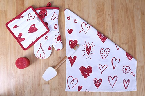 Set of Apron,Oven Mitt,Pot Holder, Pair of Kitchen Towels in a Valentine Hearts Design, Made of 100% Cotton, Eco-Friendly & Safe, Value Pack and Ideal Gift Set, Kitchen Linen Set By CASA DECORS