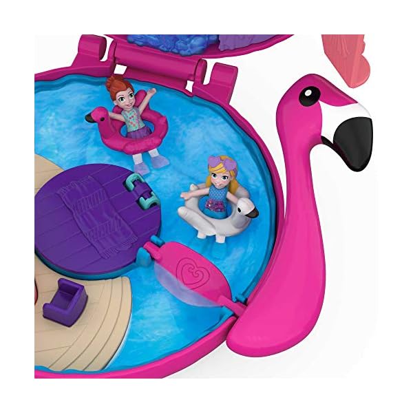 Polly-Pocket-Big-Pocket-World-Flamingo-Floatie-Compact-Amazon-Exclusive Polly Pocket Pocket World Flamingo Floatie Compact with Water Area, Hot Tub, Waterfall, Micro Polly and Shani Dolls…
