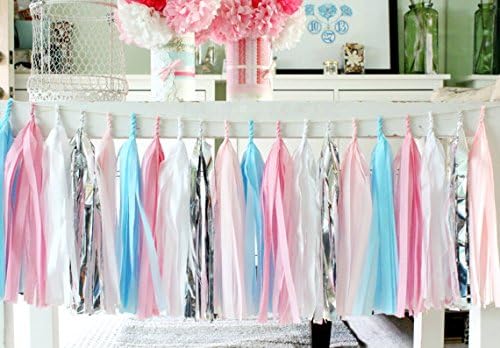 DIY Paper Tissue Tassel Garland Light Pink White Light Blue and Silver Birthday Wedding Bridal Baby Shower Graduation Party Tassel Kit